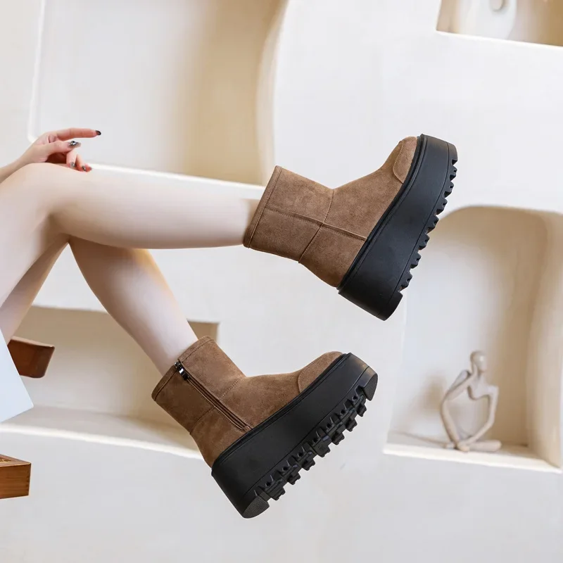 8CM Suede Cow Genuine Leather Spring Winter Plush Shoes Autumn Boots Women Ankle Booties Moccasins Fashion Ladies Chimney