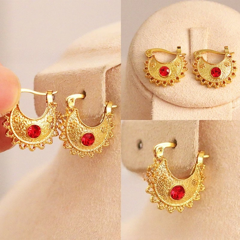 9999 gold Middle East and Africa women's gold earrings, featuring red gemstones, fashionable jewelry earrings