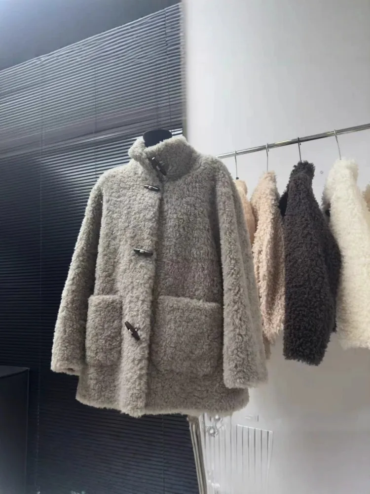 Cappotto da donna in vera lana stile coreano Colletto alla coreana Capispalla in pelliccia di pecora Cappotto medio-lungo Giacca ampia autunno inverno moda