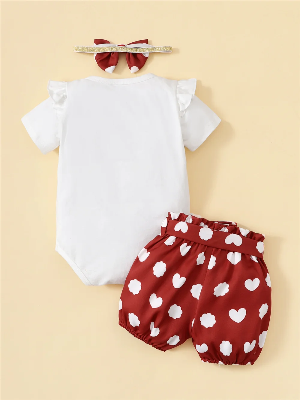 2Pcs Newborn Girl Set Little Flying Sleeve Letter Bodysuit +Red Love Strap Shorts fit 0-18 Months Large Summer Baby clothing