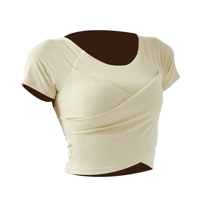 Sports T-shirt women's nudity quick-drying running short sleeves chest pad sexy exposed navel cross waist wear fitness clothes