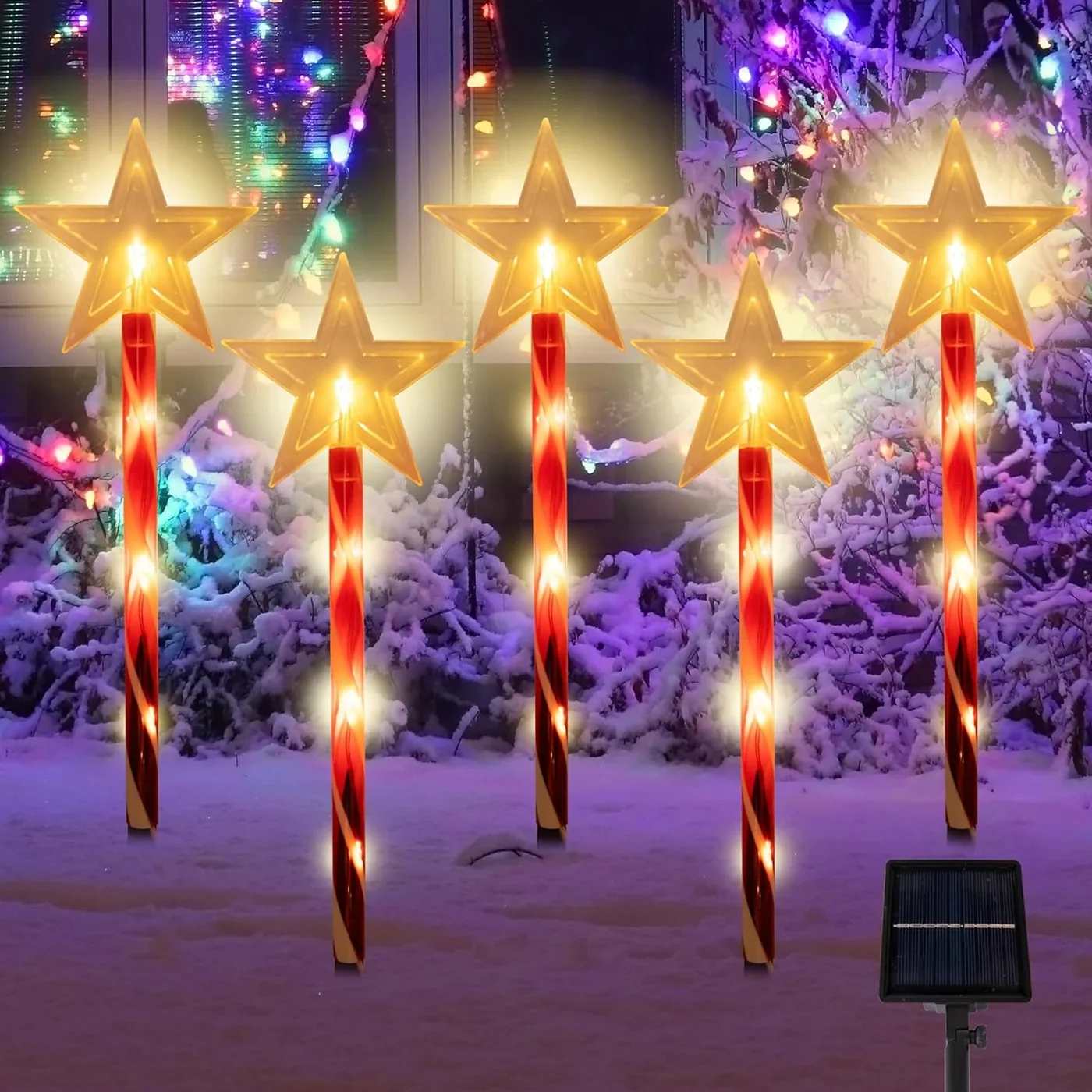 5pcs/set Solar Christmas Star Snowflakes Tree Stake Lights Solar Powered 8 Lighting Modes Landscape Lights For Garden Lawn Decor
