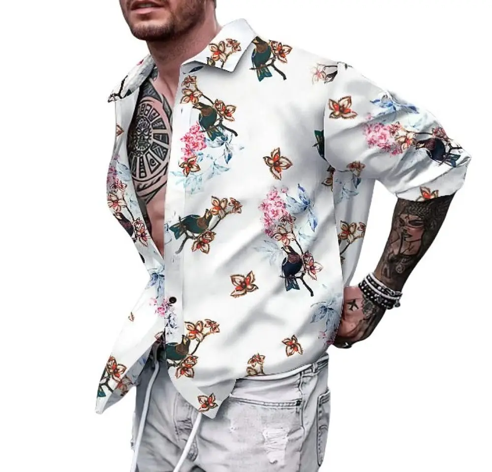 

Мужская рубашка с длинным рукавом с цветочным принтом, повседневная рубашка на пуговицах, модная шикарная рубашка с 3D принтом, вечерние гавайские рубашки, праздничная пляжная рубашка