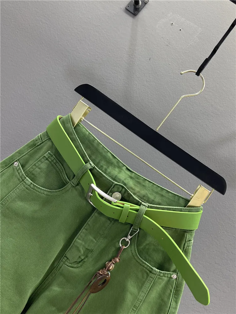 Retro Green Curved Blade Jeans Women's Spring Summer New Loose Casual Wide Leg Old Dad Pants Nine Points Small Size