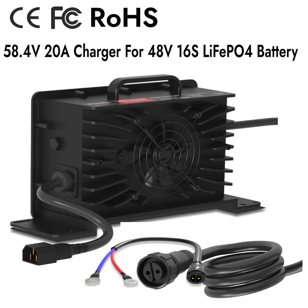 

58.4V 20A Battery Charger for 48V 16S LFP Lifepo4 ion lithium Battery 1200W Hight Power with M8 O-type Plug Fast Smart Charger