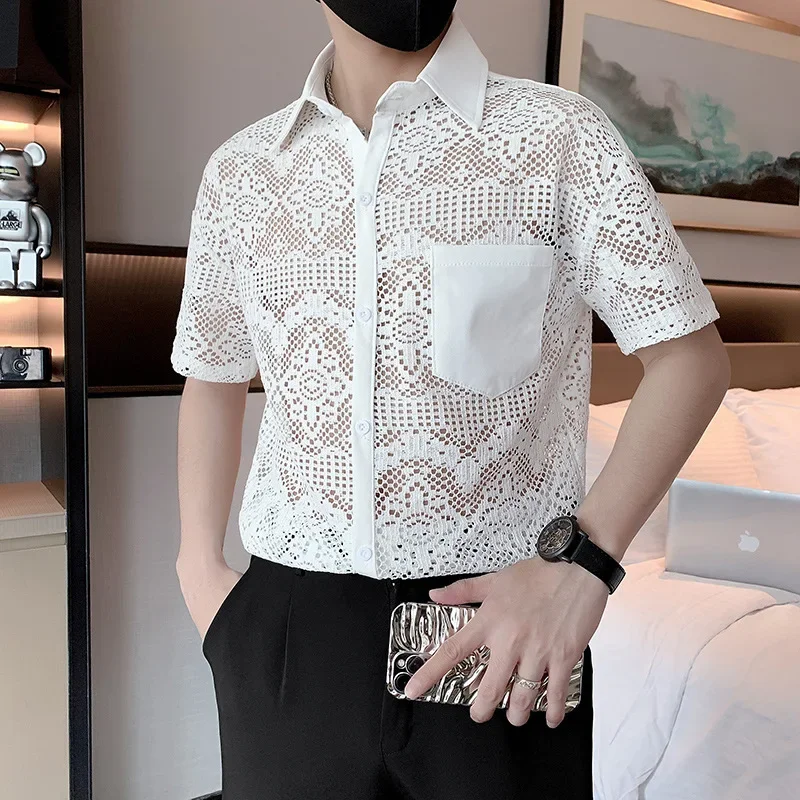 Summer Lace Hollowed Shirt for Men Short Sleeve Slim Fit Casual Shirts Sexy Social Streetwear Party Tuxedo Blouse Men Clothing