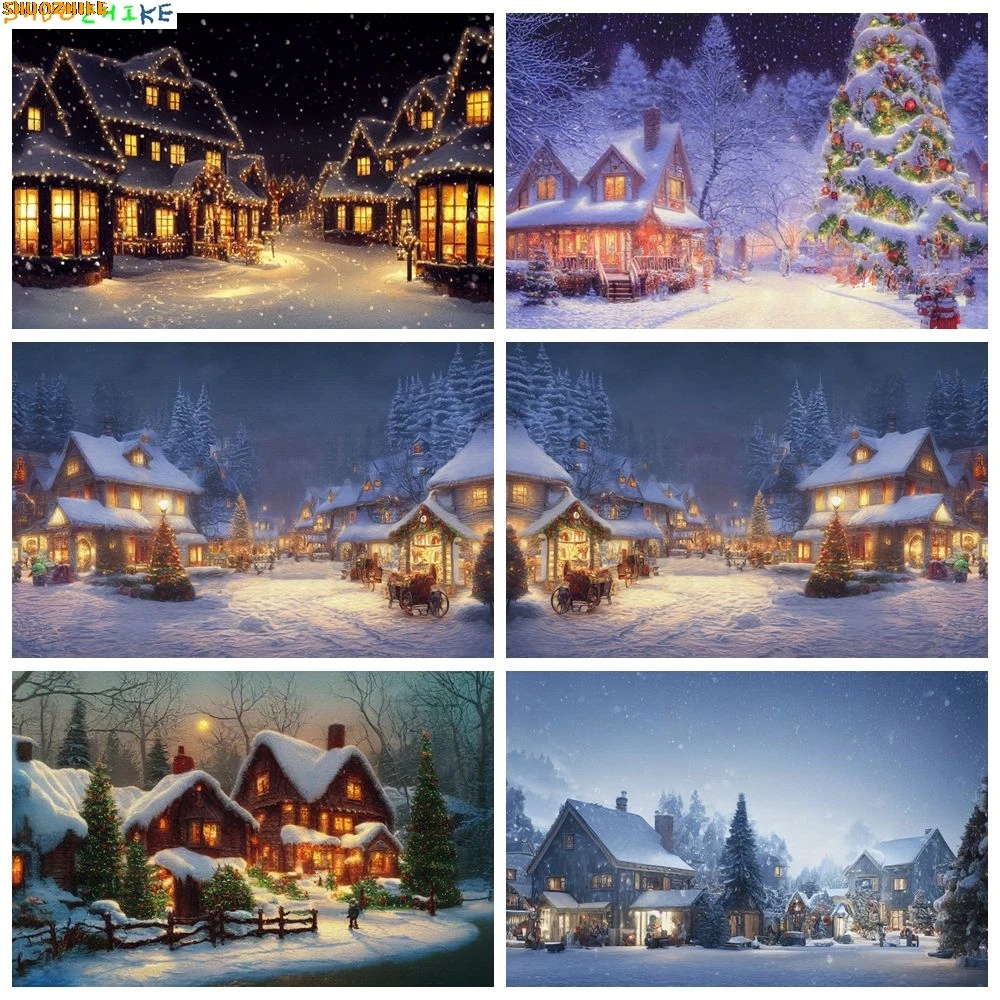 

Christmas Snow Village Backdrop House Lights Forest Snowfield Xmas Tree Kids Portrait Family Party Photography Background Decor