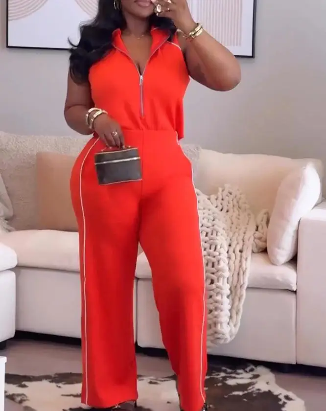 

Women's Jumpsuit 2026 Spring Summer New Contrast Piping Zipper Front Sleeveless Wide Leg Sporty Overalls with Pockets