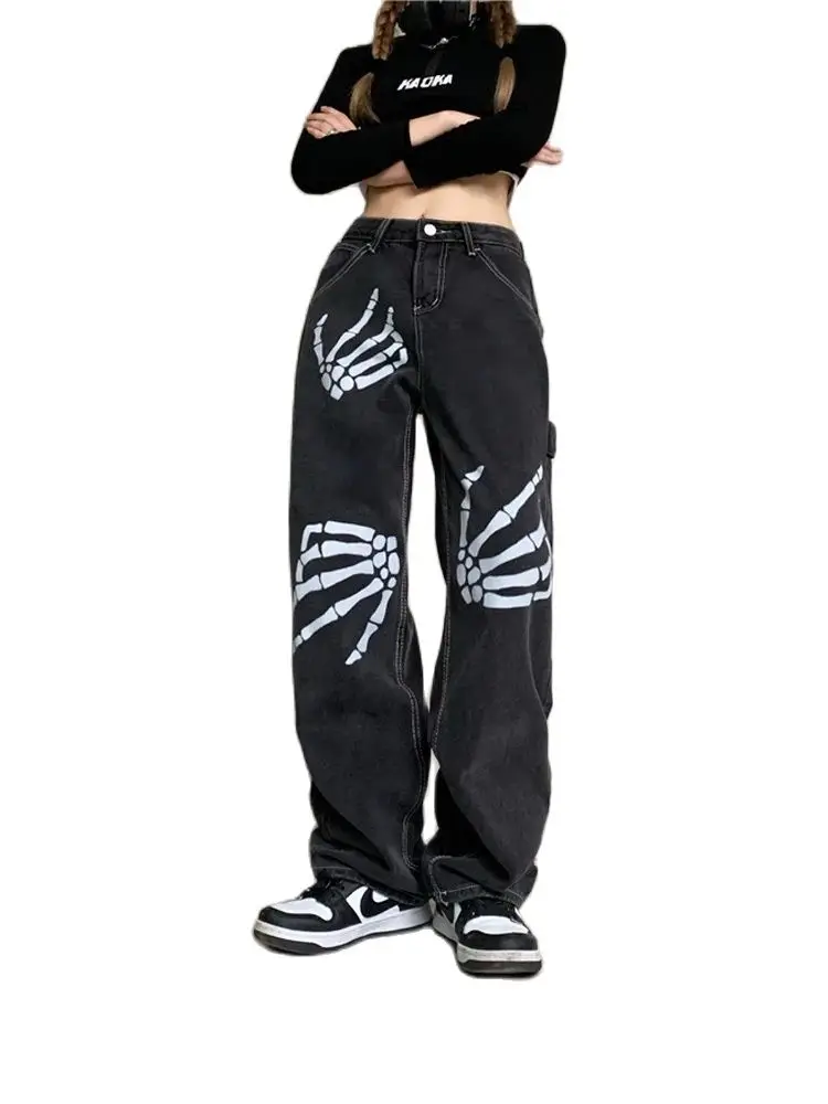 

Anivia Jeans Y2K Harajuku Hip Hop Lucky Black Print Baggy Jeans Men Women New Gothic High Waist Wide Leg Trousers Streetwear