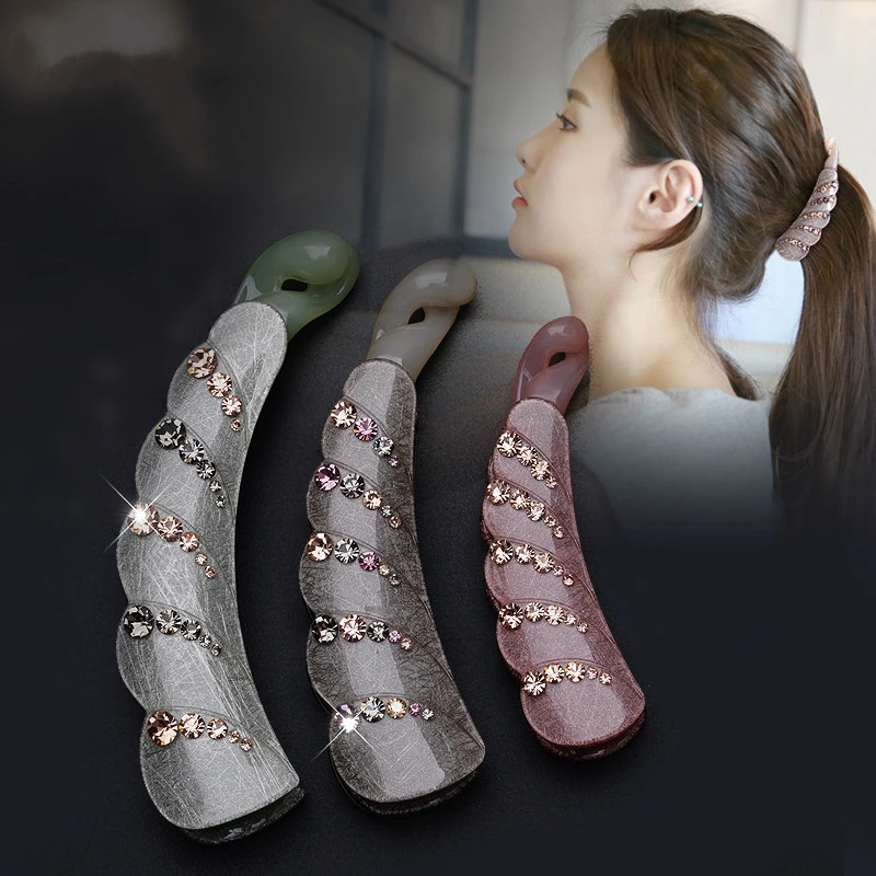 韓国風小型バナナクリップ縦型ヘアアクセサリーラインストーン滑り止めテールクリップ大人用ヘアピンツイストヘアグリップ