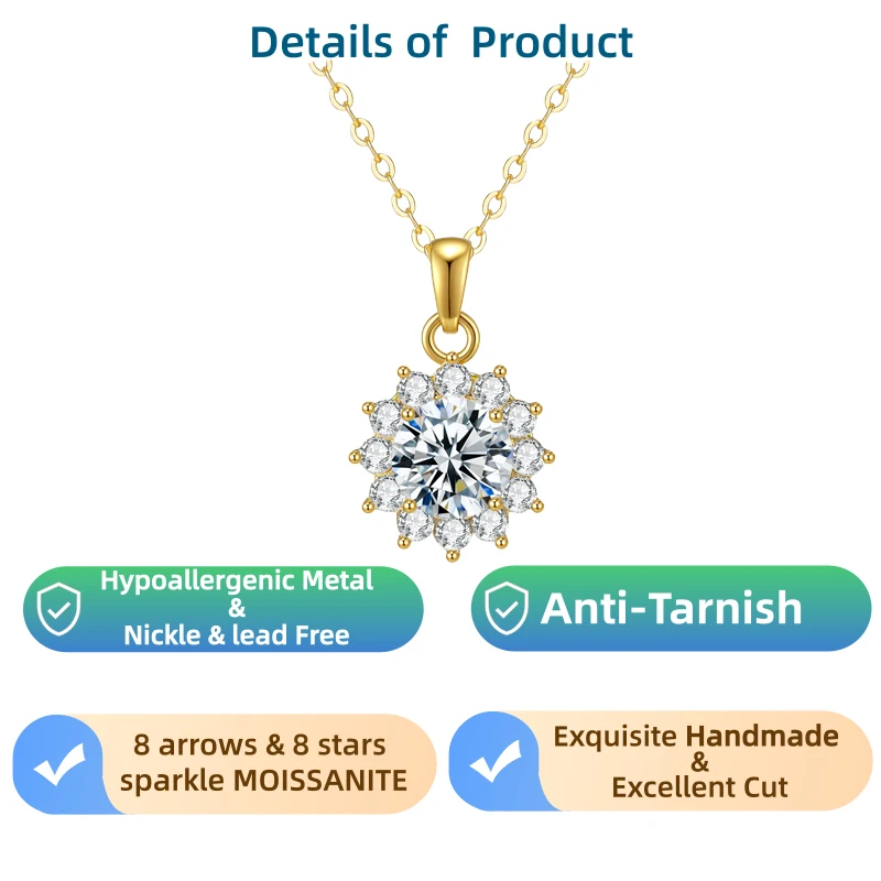 

2-каратное женское колье из муассанита, украшения для женщин, гипоаллергенное колье, позолота, рождественский подарок, высокое качество