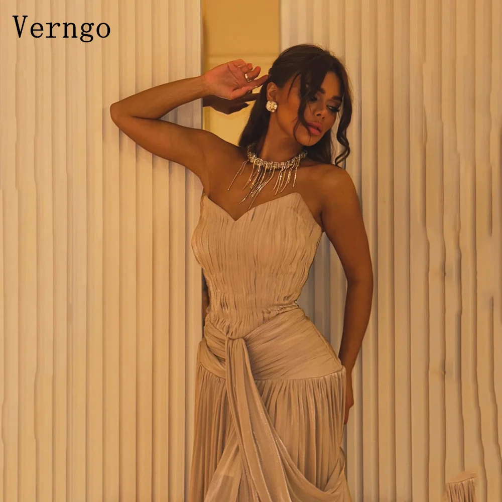 

Verngo Champagne Shiny Satin Evening Dress Sweetheart Mermaid Pleated Formal Occasion Dress Saudi Arabic Prom Gowns Customized