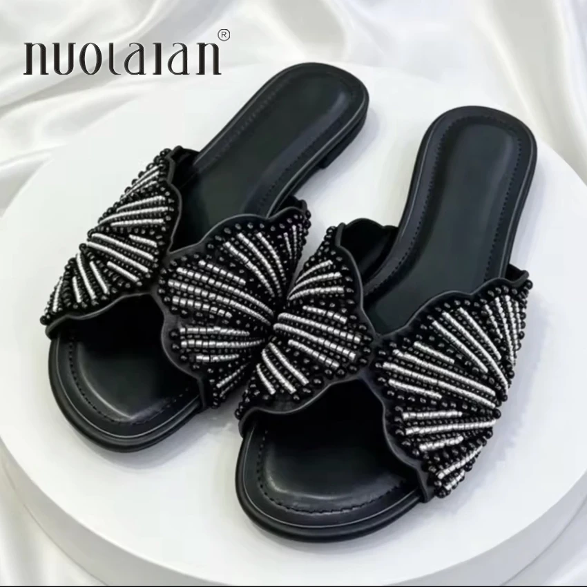 Elegant Faux Pearl Detail Flat Sandals for Women Fashion Black Flat Slide Sandals Comfortable Round Toe Designer Shoes Woman