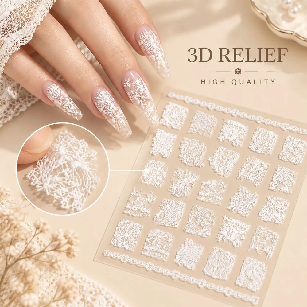 5D Professional Lace Nail Decals 1Pc White Embossed Nail Art Stickers Self-Adhesive for Nail Salon Studio Manicure Supplies