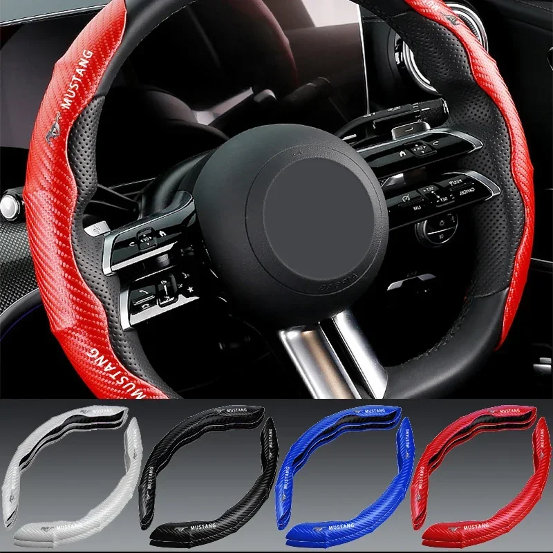 2pcs Car Logo Carbon Fiber Car Steering Wheel Cover Car Accessories For Mustang SHELBY GT 500 350 Convertible V Mach e Rainproof