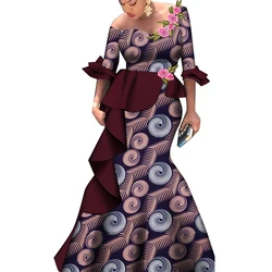 African Dresses for Women Fashion Design New African Bazin Half Flare Sleeve Ruffle Long Dress with Applique Maxi Dress WY9048