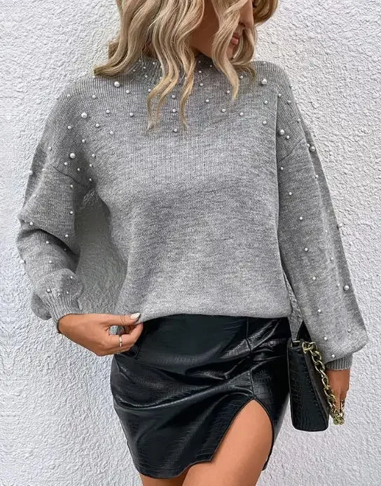 Women's Casual Knitted Pullover Autumn & Winter Temperament New Fashion Long Sleeve Solid Beaded Loose Sweater for Outerwear