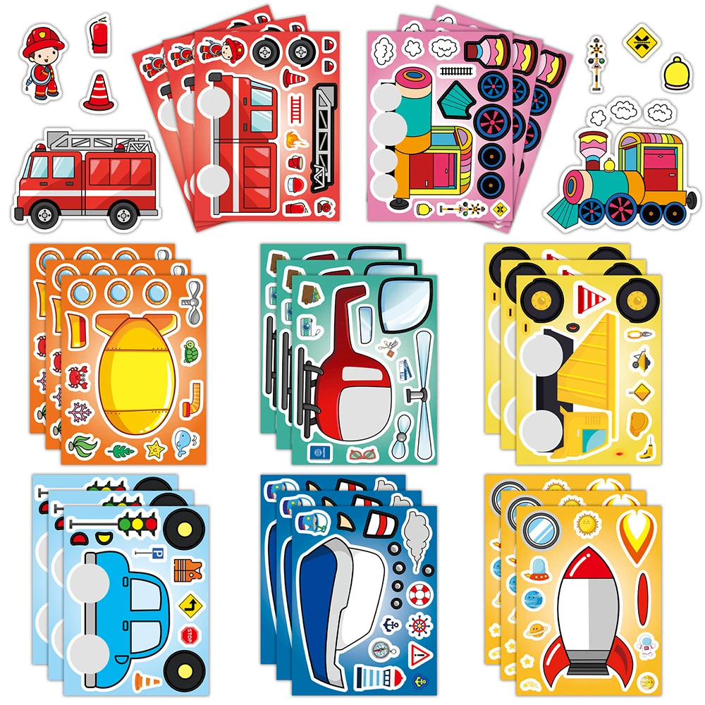 8/16Sheets Cartoon Vehicle Puzzle Stickers Engineering Transportation Kids Educational DIY Cartoon Jigsaw Make a Face Sticker