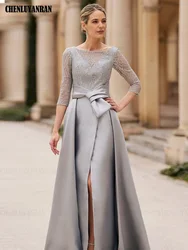 Gray Mother of the Bride Dresses 2023 A-Line Elegant Wedding Guest Gowns Satin Lace Pleated Front Split Dress Women For Wedding