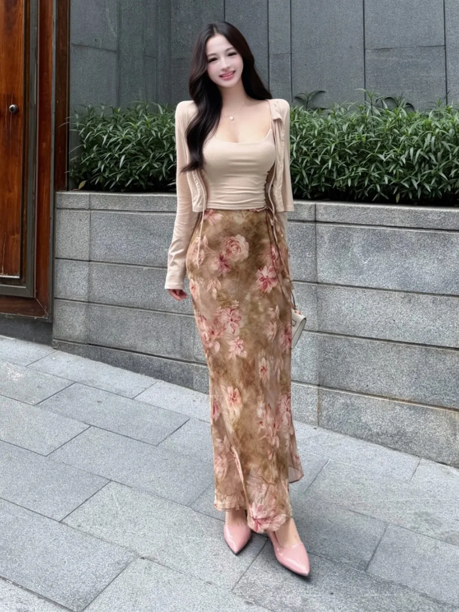 Elegant Versatile Long Sleeve Knitted Open Cardigan Strap Vest Retro Print Satin  Skirt Set Women's Fashion Summer Outfit