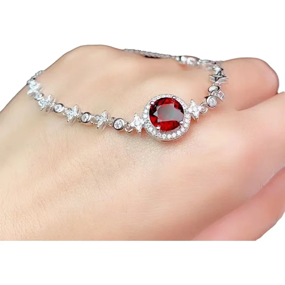 KJJEAXCMY-925 Sterling Silver Inlaid Natural Garnet Bracelet Women Luxury Fashion, Round Gem Style, Gem Hand Bracelet, Support D