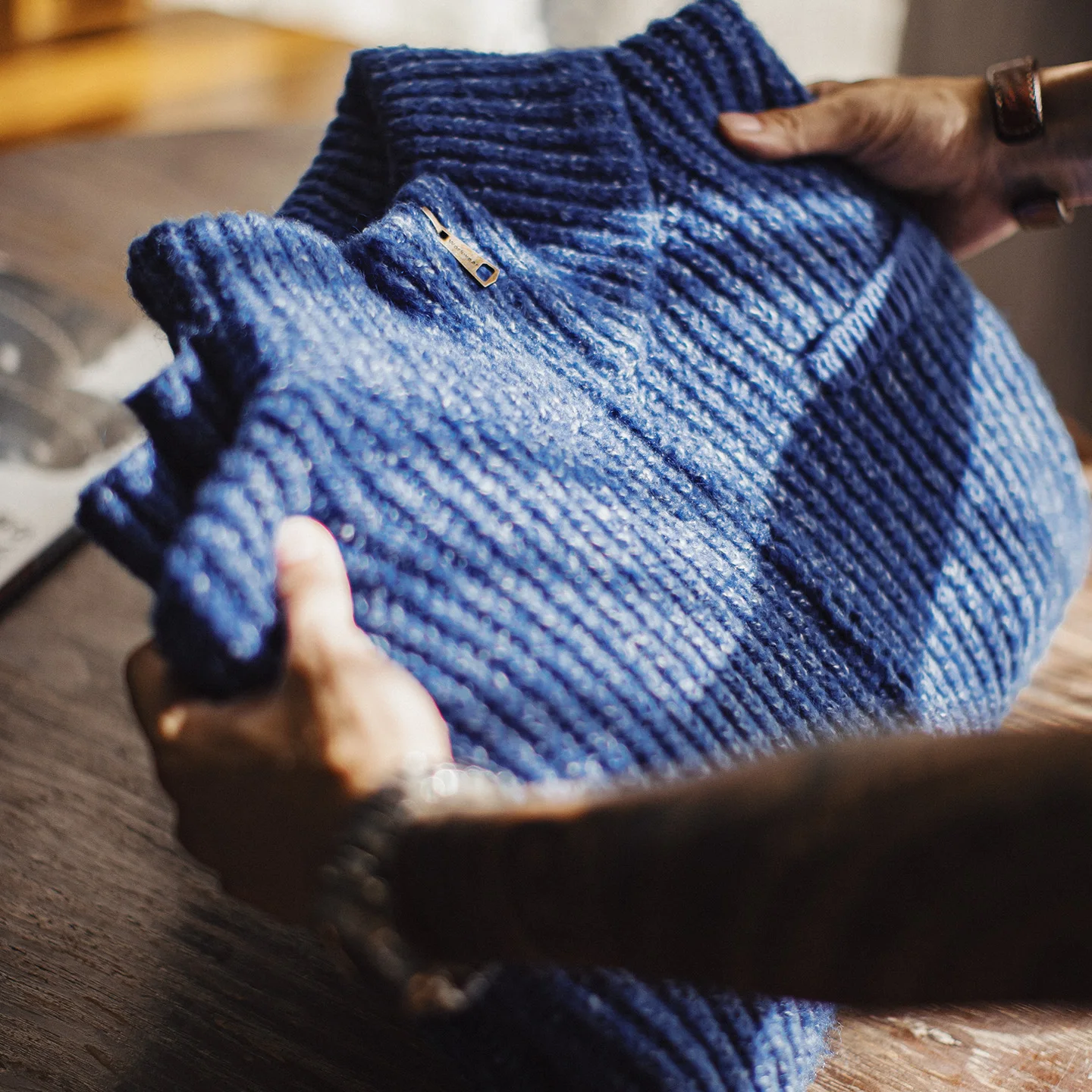 Maden Blue Cardigan Sweater for Men Stand Collar Thick Knit Zip Up Knitwear Autumn Winter Casual Outerwear