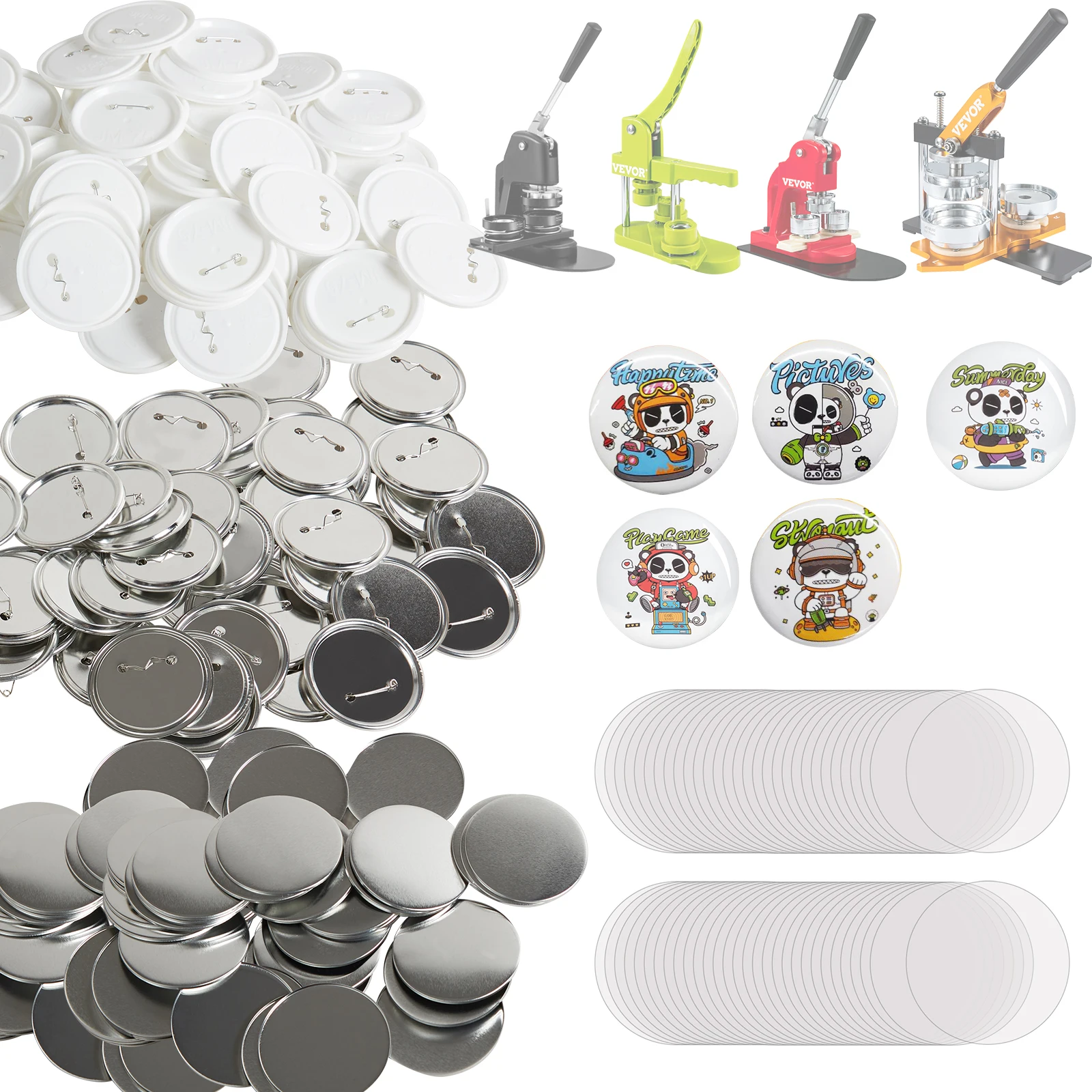 VEVOR 25/32/58/75mm Button Badge Parts Supplies for Button Maker Machine 200/500Sets Metal and Plastic Pin Badges