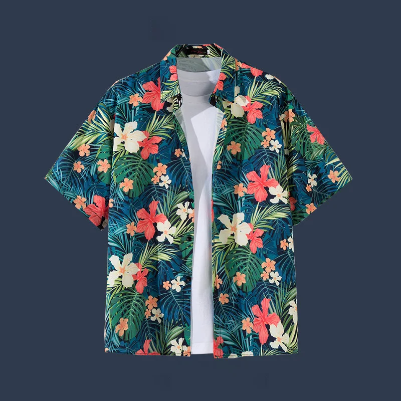 Summer Short Sleeve Flower Shirt Men\'s Loose Beach Shirt Hawaiian Retro Handsome Casual Thin Shirts Island Style T-Shirt