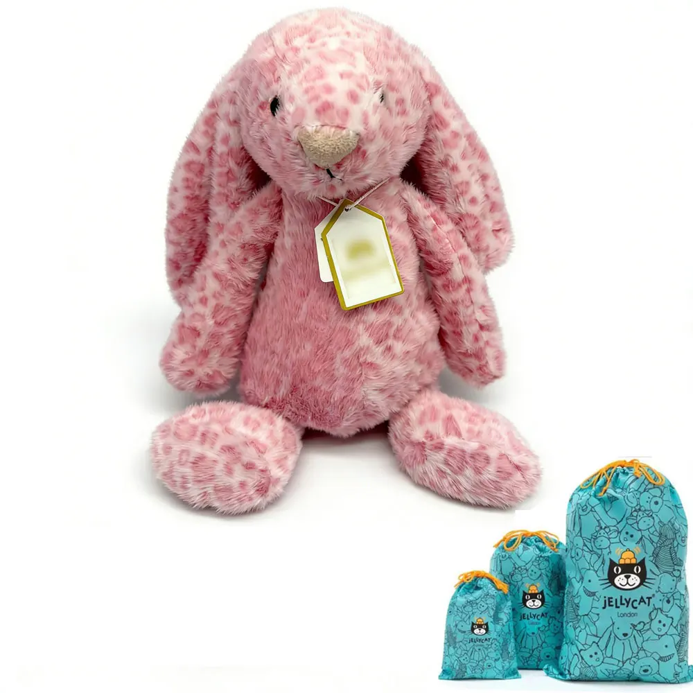 Nieuwste Jellycat Bonnie Rabbit Pluche Konijn met Luipaardprint, met Label, Zachte Bloemenoren, Cartoon Konijn Pop, Verjaardagscadeau, Huisdecoratie