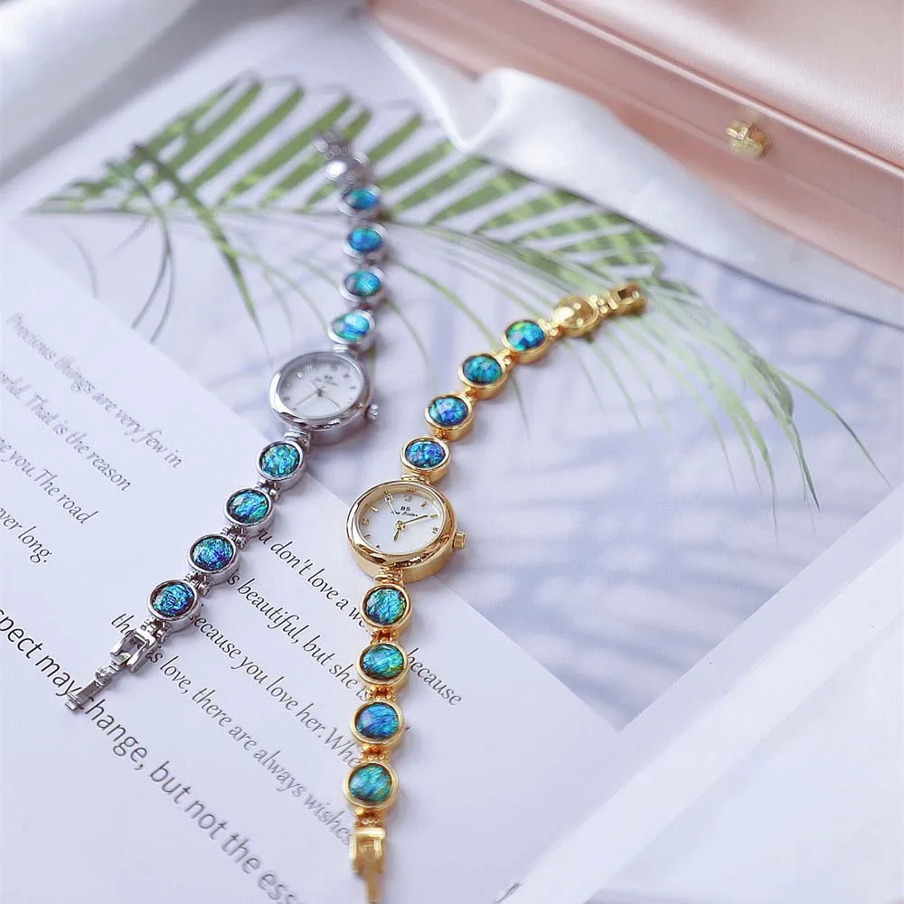 นาฬิกาข้อมือผู้หญิง BS รุ่นใหม่ สายแบบ Link Bracelet ประดับด้วยหินดิบสีรุ้ง สไตล์ INS ดีไซน์เปลี่ยนสีเหมือนมาลาไคต์ รุ่น FA1648 ของขวัญสำหรับสุภาพสตรี