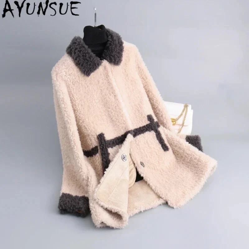 100% AYUNSUE Wool Coats for Women 2024 Autumn Winter Granular Jacket Mid-length Fashion Fur Coat chaquetas para mujer