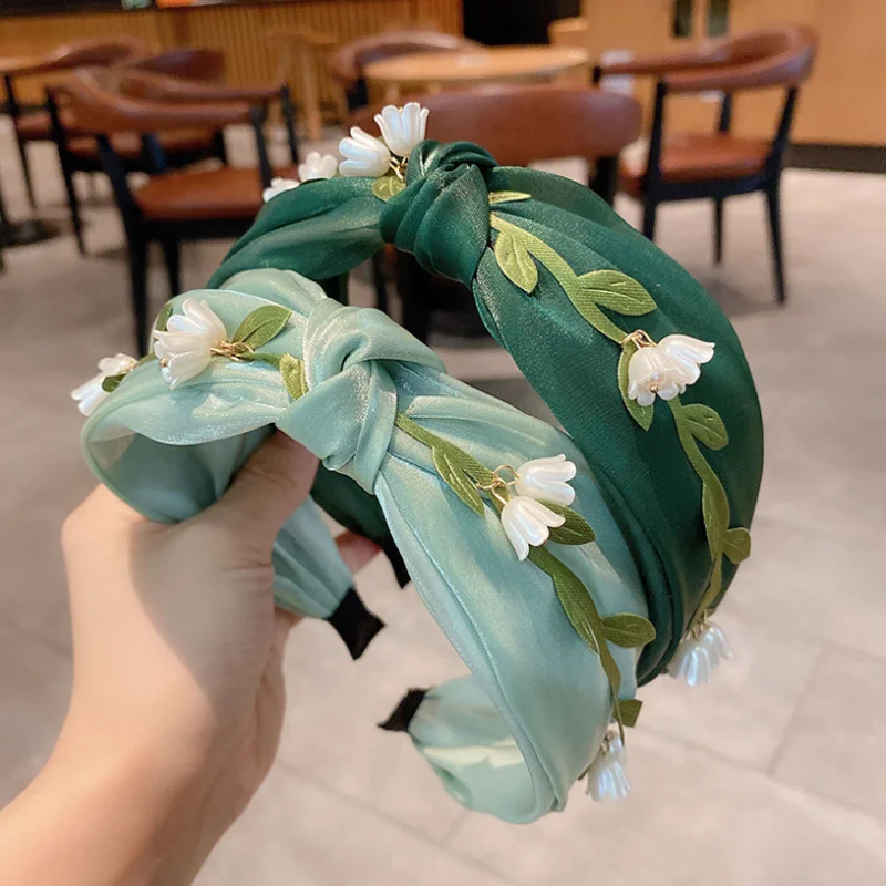 Handmade Flower Green Satin Knot Headband Hair Bands Sweet Outdoor Hair Clip Hairpin Women Press Hair Hairbands Accessories