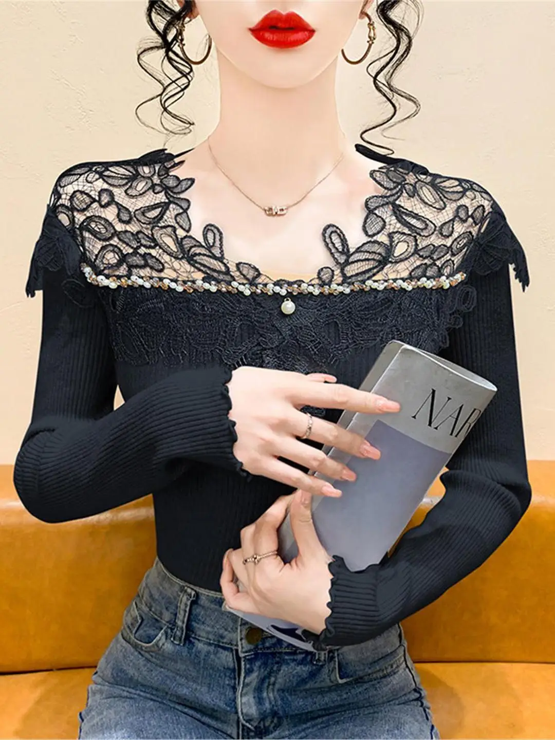 Base lavorata a maglia con giunture in pizzo sexy irt Donna Autunno Inverno Scava fuori V-Ne Perline Lungo Sve Top Morbido elastico Abbigliamento interno