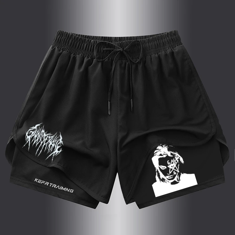 Men's GYM 2 In 1 Sports Shorts Breathable Comfortable Workout Running Shorts with Retro Graphic Print and Unique Face Design