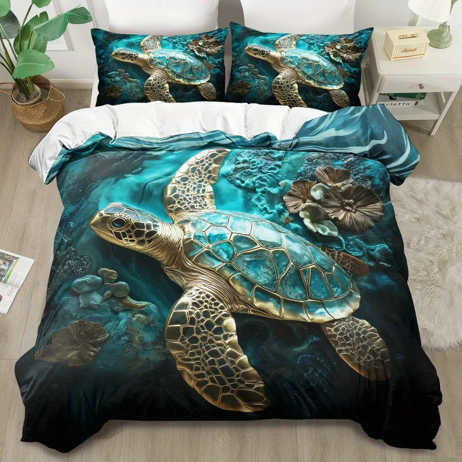 Fantasy Synthetic Gemstone Turtle Print Duvet Cover Set King Queen Size Bedding Quilt Decor for Bedroom Guest Room