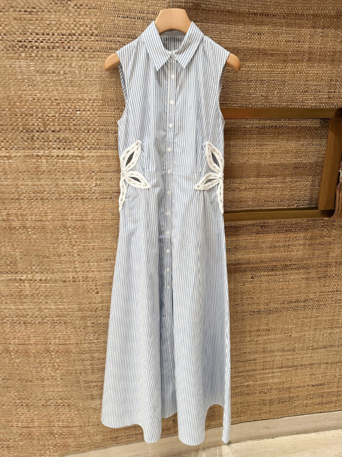 

S Home Nan You High End Women's Long Vest Dr Hollow out Beadwork Summer Academy Sle Midi Dr Collar A-Line Skirt