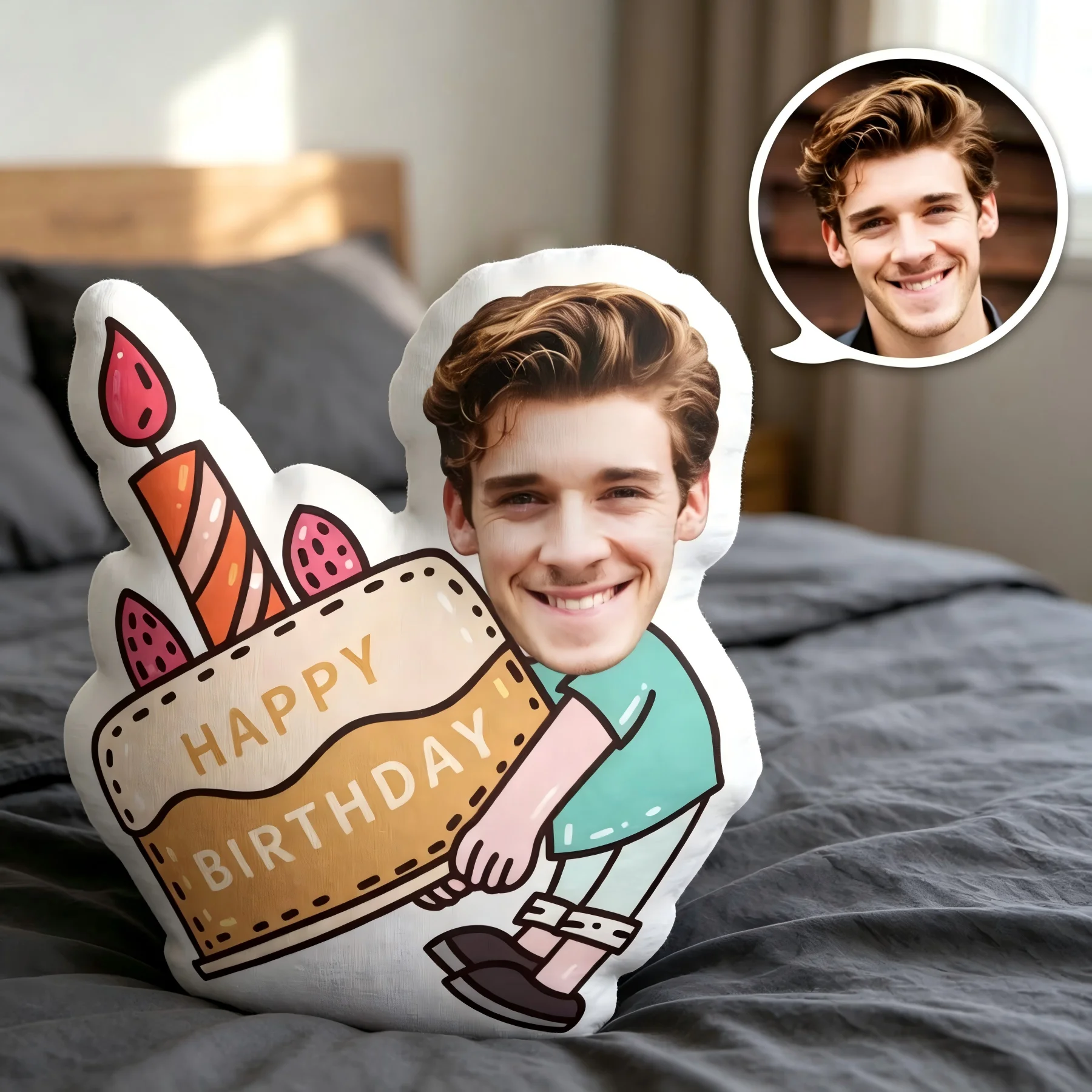 Double‑Sided Printed Custom Birthday Face Pillow, Personalized Photo Irregular Shaped Plush Throw Cushion Unique Birthday Gift