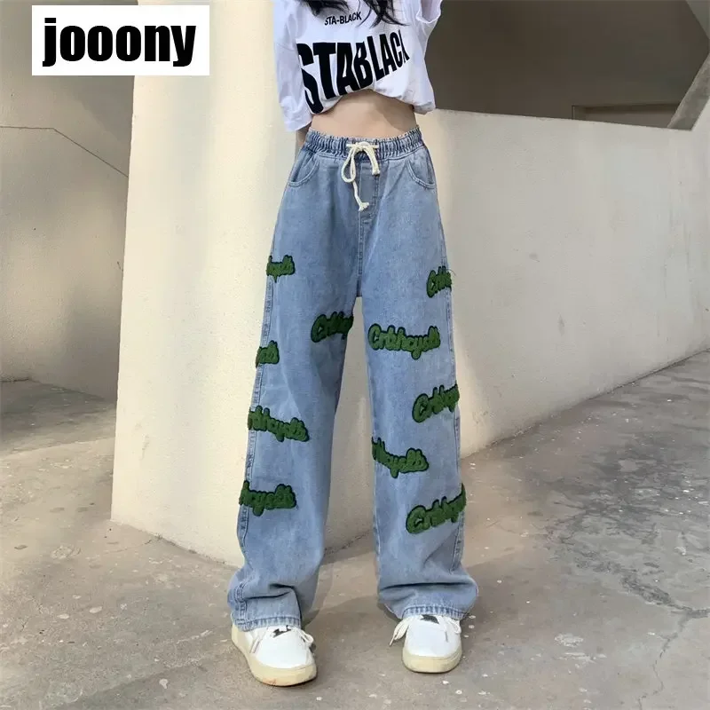 

Весенние уличные мужские брюки с вышивкой и эластичной резинкой с высокой талией Y2K, эстетика, широкие свободные прямые повседневные брюки в готическом стиле