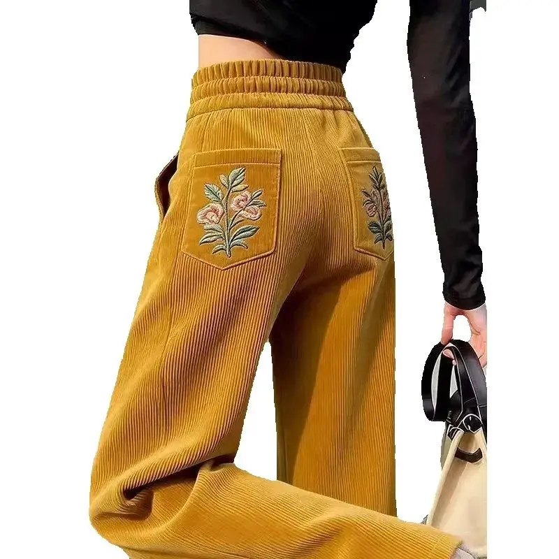 High Waisted Floral Corduroy Wide Leg Pants For Women 2026 Spring Autumn Winter Fashion Loose Casual Straight Leg Pants Trousers