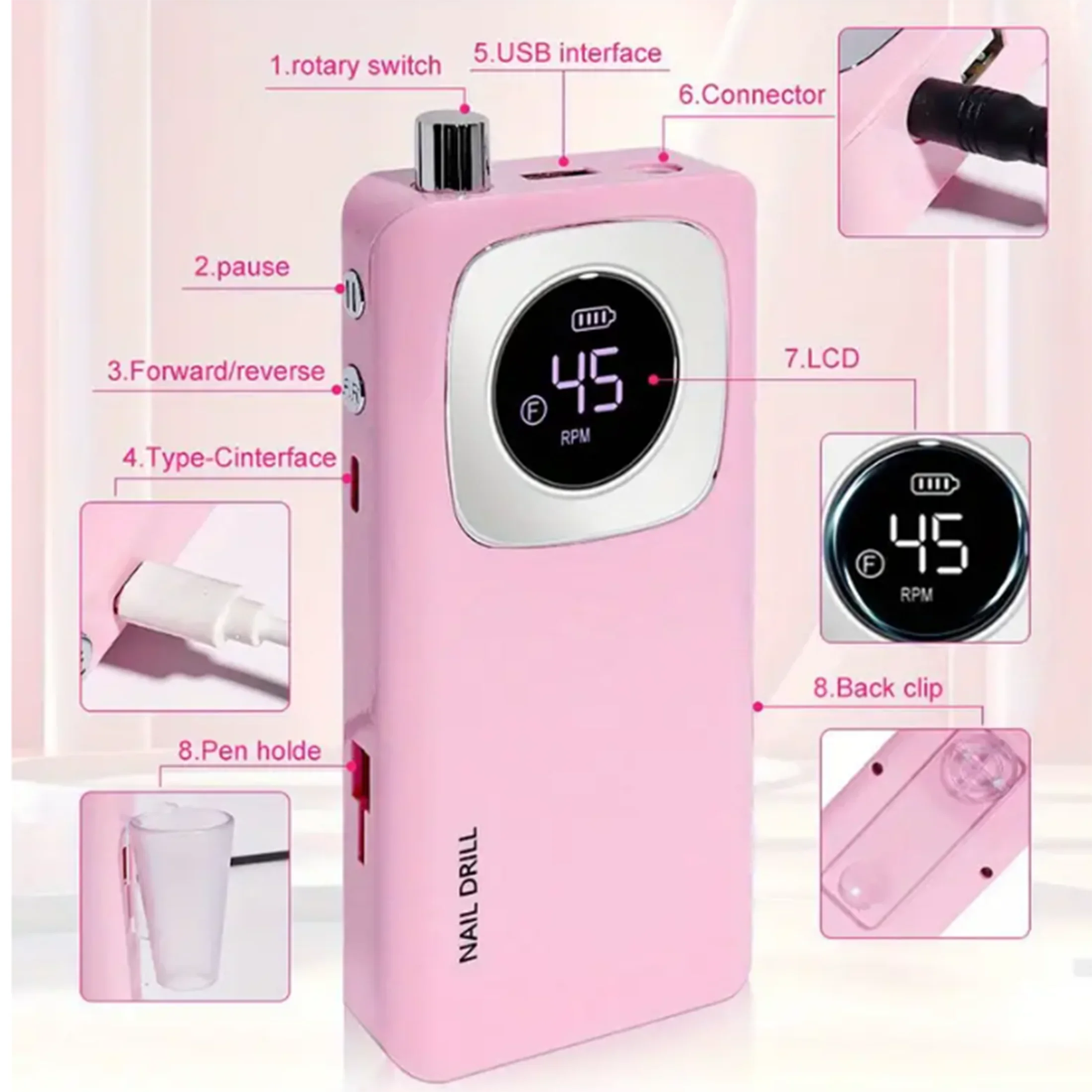 Broca de unha sem fio, 45000rpm, velocidade ajustável, baixo ruído, recarregável, usb, conjunto portátil com 6 bits para salão de beleza profissional doméstico