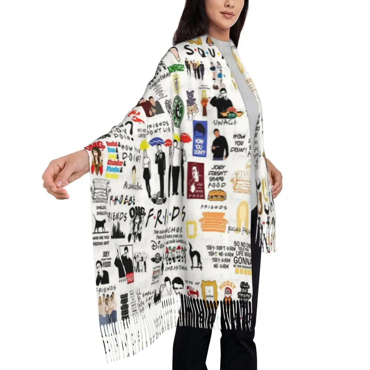 빈티지 프렌즈 TV 쇼 심볼 콜라주 스카프 태슬 스카프 여성용 부드럽고 따뜻한 숄 및 랩 롱 가을 겨울 숄 랩