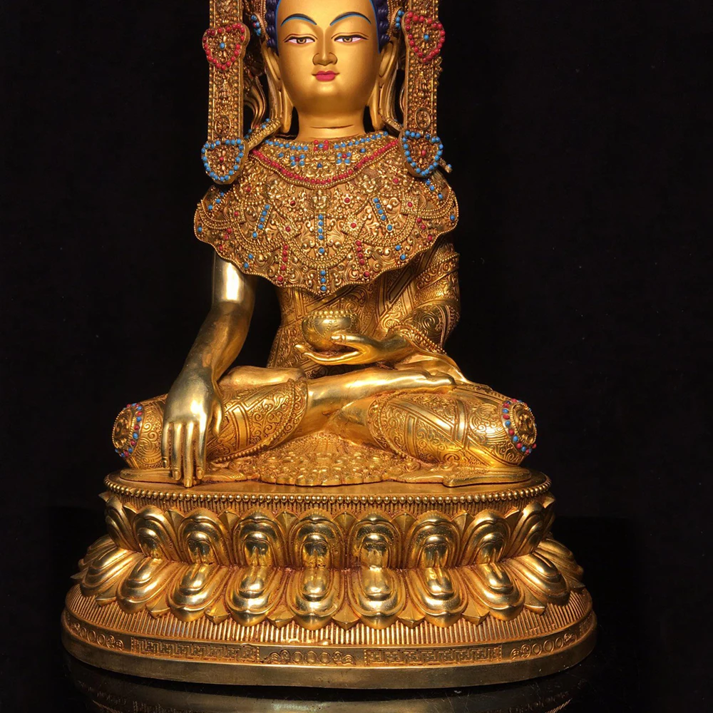 Antique Copper Gold Gilded Enlightened Shakyamuni Buddha Statue Serene Face Heavy Patina Fine Craftsmanship Home Decor