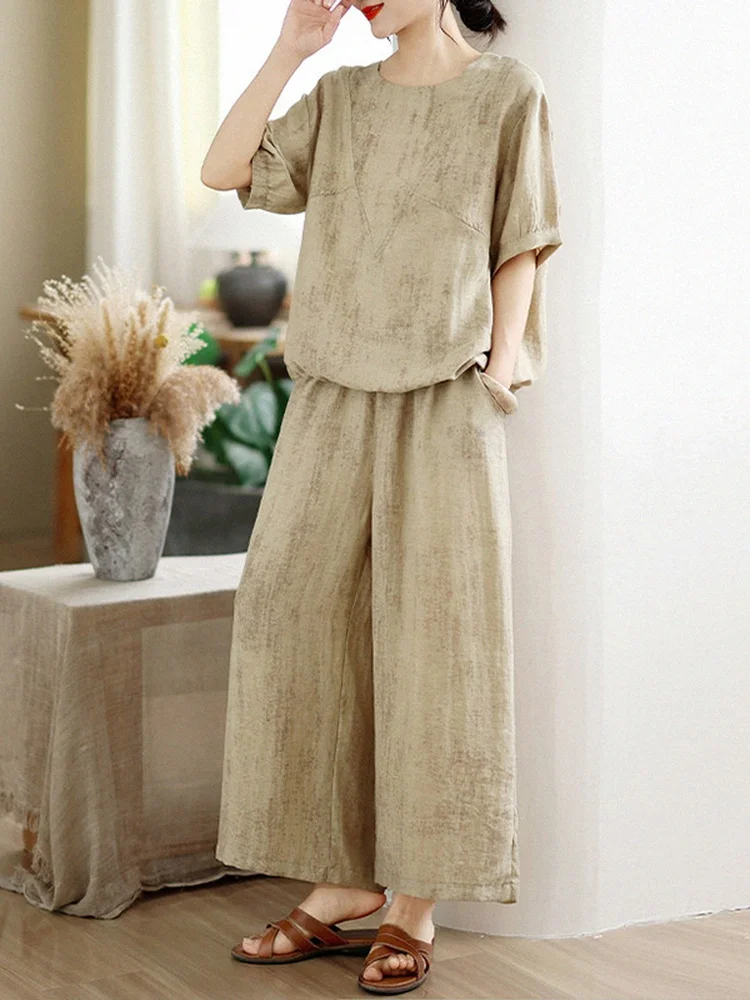 Conjunto de lino para mamá, conjunto de dos piezas de verano, camiseta holgada de manga corta de talla grande, pantalones lar...