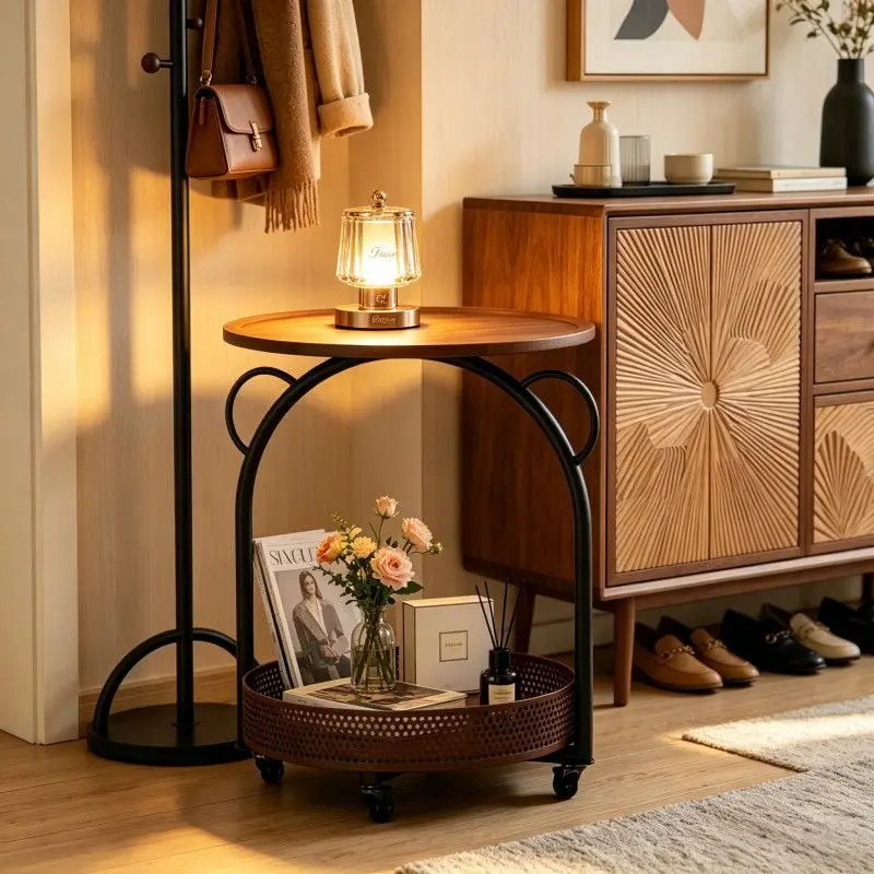 Sofa Table, Round Rolling Side End Table With Wheels, 2-Tier Storage Wood Grain Top Black Metal Frame For Living Room