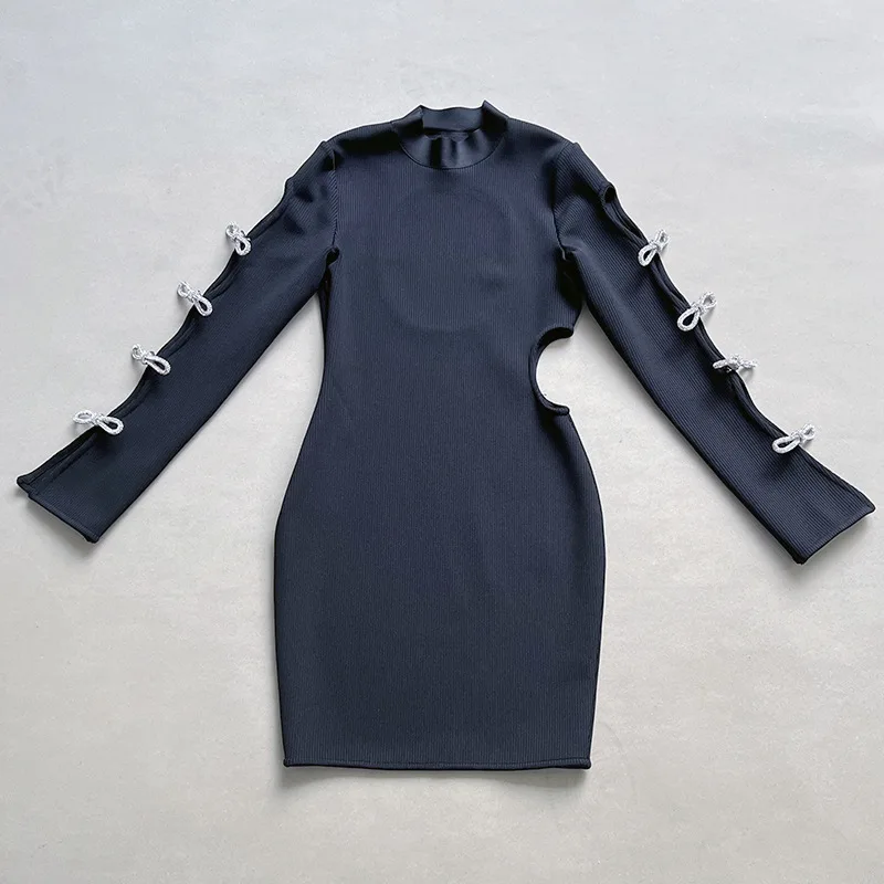 مثير عارية الذراعين القوس الأسود قطع طويلة ضمادة Bodycon فستان 2025 المرأة المشاهير أنيقة مساء فساتين عيد ميلاد فاخرة Vestido