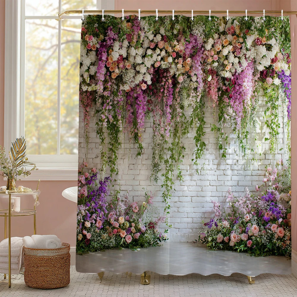 

Весенняя розовая цветочная белая желтая занавеска для душа, декоративная занавеска для душа в ванной комнате, водонепроницаемая занавеска для душа с крючками