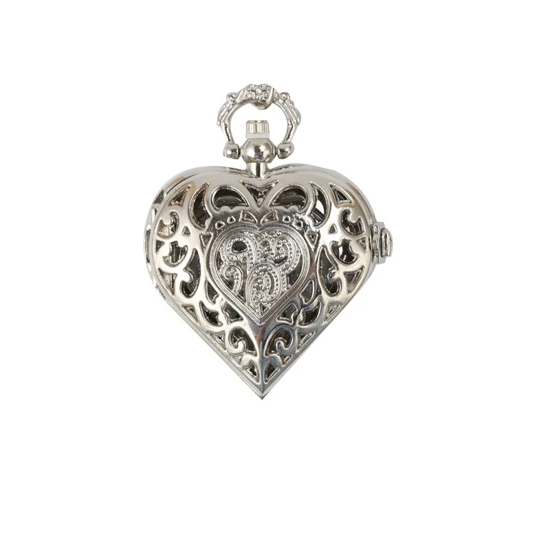 ของขวัญนาฬิกาพ็อกเก็ตสไตล์ Retro Hollow รูปหัวใจเงินนาฬิกาพ็อกเก็ต Creative Flip QUARTZ Lanyard นาฬิกาผู้หญิง Love Pocket วัด
