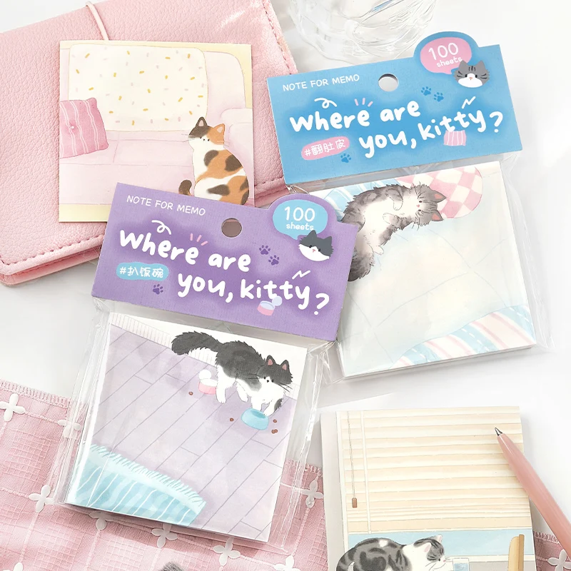100 kartek uroczych karteczek samoprzylepnych z kotami, kreatywne kolacje, DIY, scrapbooking, estetyczny papier, materiały szkolne i biurowe
