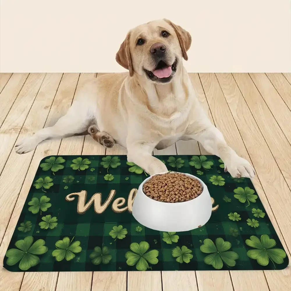 1 Green and Golden Welcome Doormat, Four-leaf Clover Design- Soft Flannel Non-slip Rubber Base, Plush Indoor, Outdoor Entry Ma
