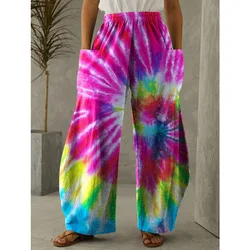 Summer Tie Dye Print Pants Fashion Womens Pants Casual Pocket Design Joggers Loose Trouser Pantalones Sweatpants Elegant Overall